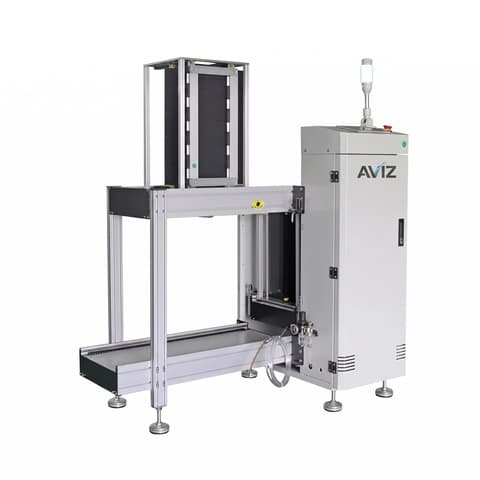AVIZ Handling PCB Loader for Board Transfer Control - PCB loading, unloading, conveying, and buffering AVIZ Handling PCB Loader for Board Transfer Control equipment view for stable PCB movement between process stages