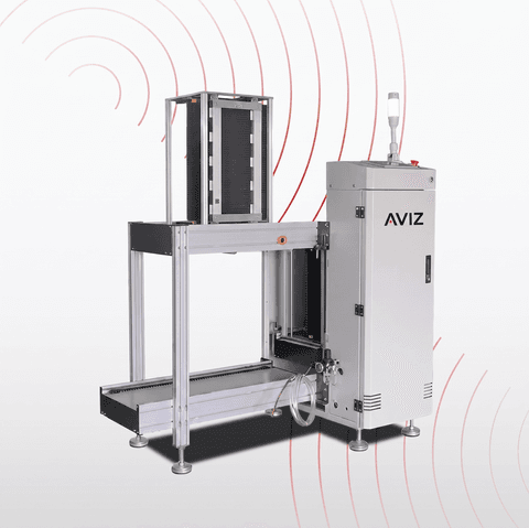 AVIZ Magazine Production Line PCB Loader Unloader for Board Transfer Control - تحميل وتفريغ ونقل وتخزين PCB المؤقت AVIZ Magazine Production Line PCB Loader Unloader for Board Transfer Control منظر المعدة ضمن حركة PCB مستقرة بين مراحل العملية